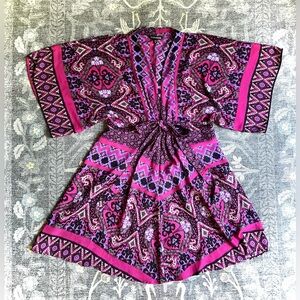 Express Vibrant Pink and Purple Patterned Kimono mini Dress
